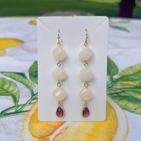 Garnet Wine Red Crystal Glass Cream Moonstone Agate Style Casual Fun Earrings - Picture 1 of 7